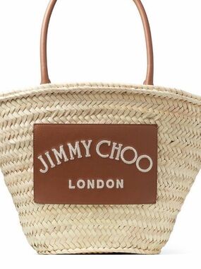 Jimmy Choo Cream Woven Straw Tote with Brown Leather Patch